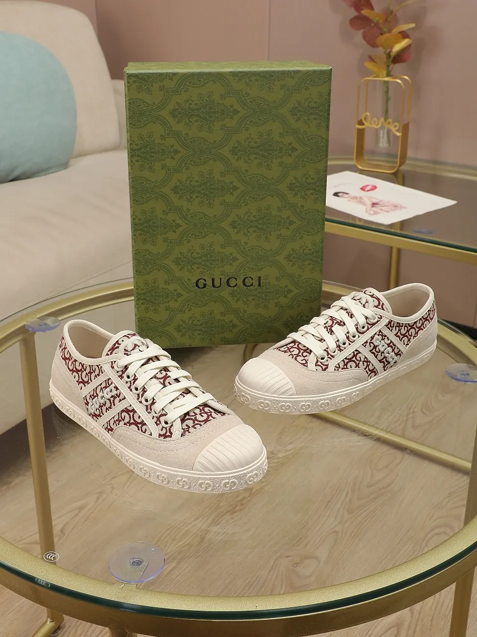 👟👟Ex-factory price 420👟👟 GUCCI~24 The latest double G embroidered low-cut lace-up fashion sneakers, originally developed, the fabric is exclusive double G fabric, the upper is perfectly matched with special craftsmanship, the lining is sheepskin, rubber outsole, size 35 to 40